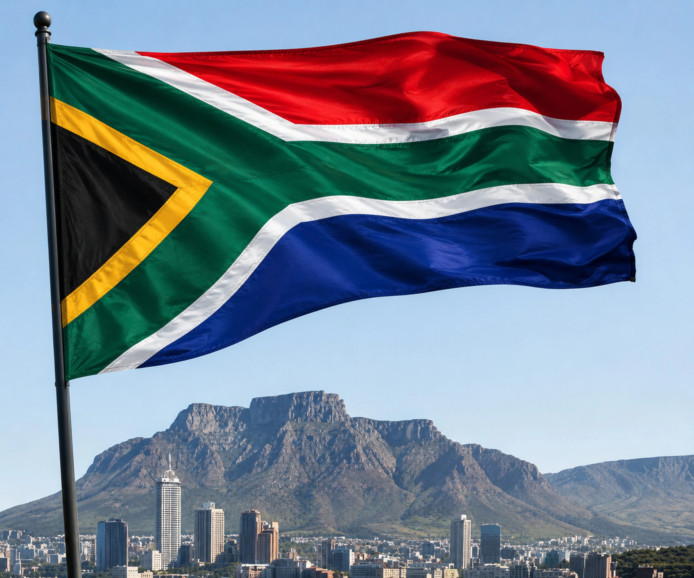 South African flag with Cape Town and Table Mountain