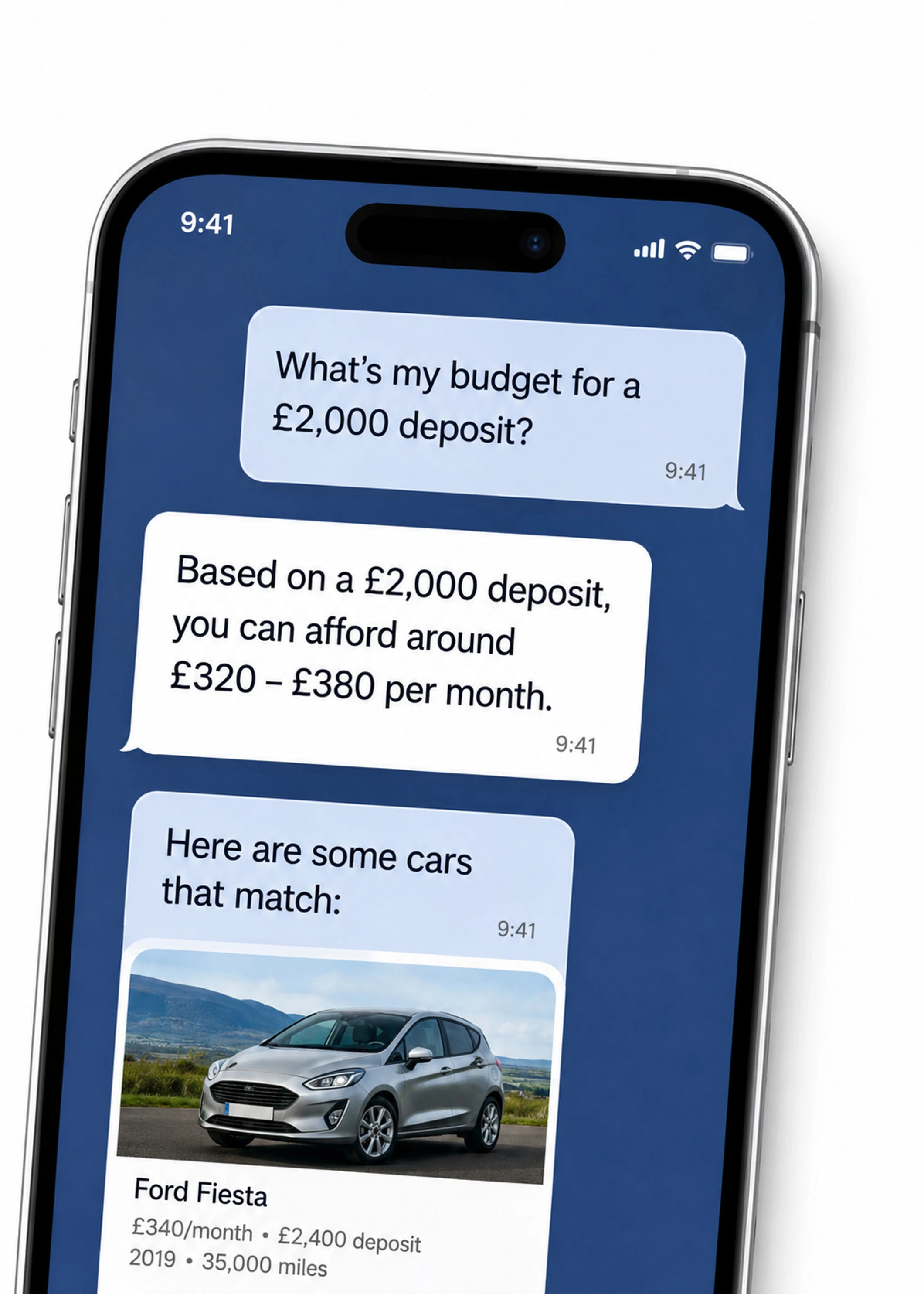 Smartphone showing a car affordability assistant conversation