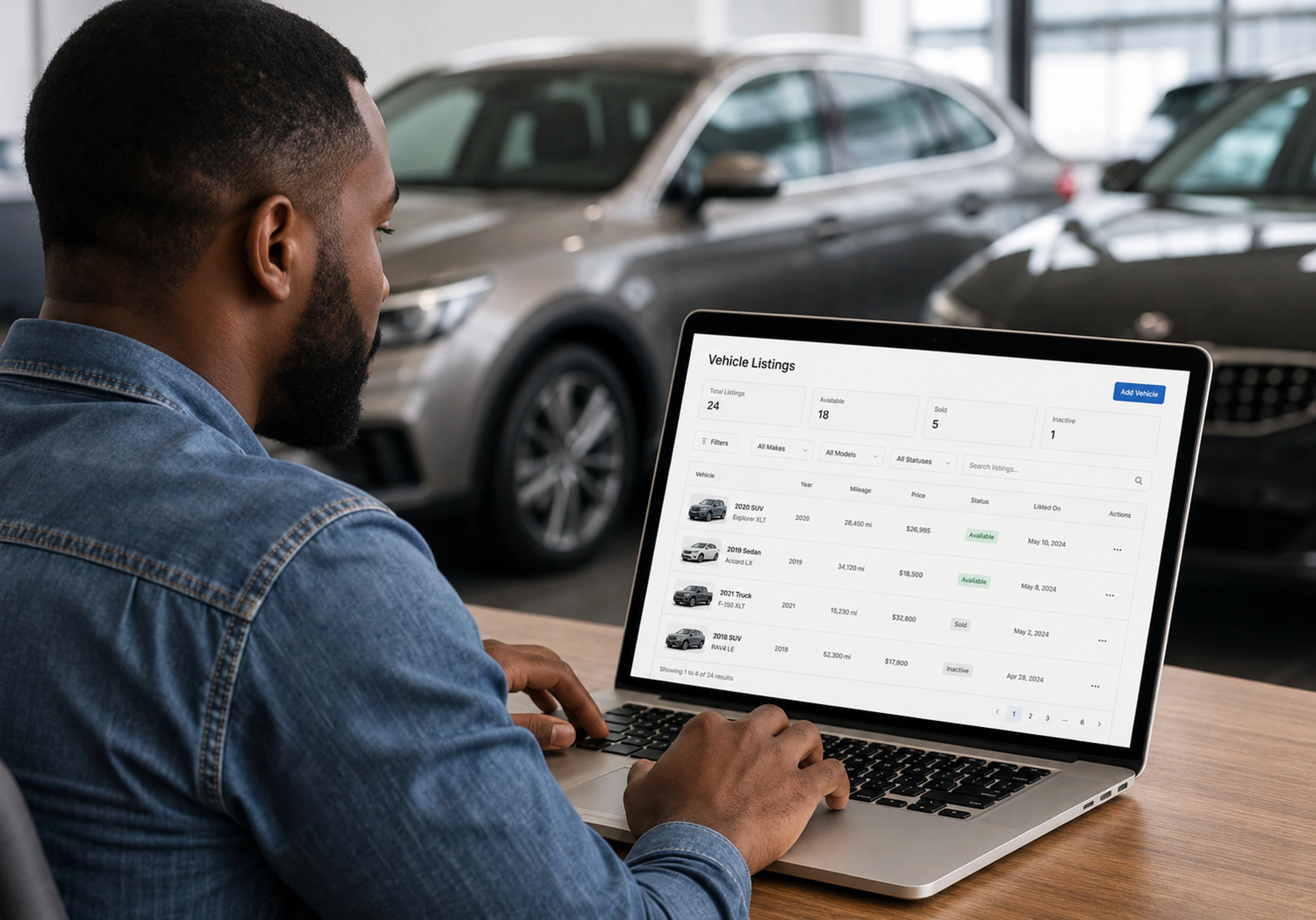 Seller managing vehicle listings on a laptop