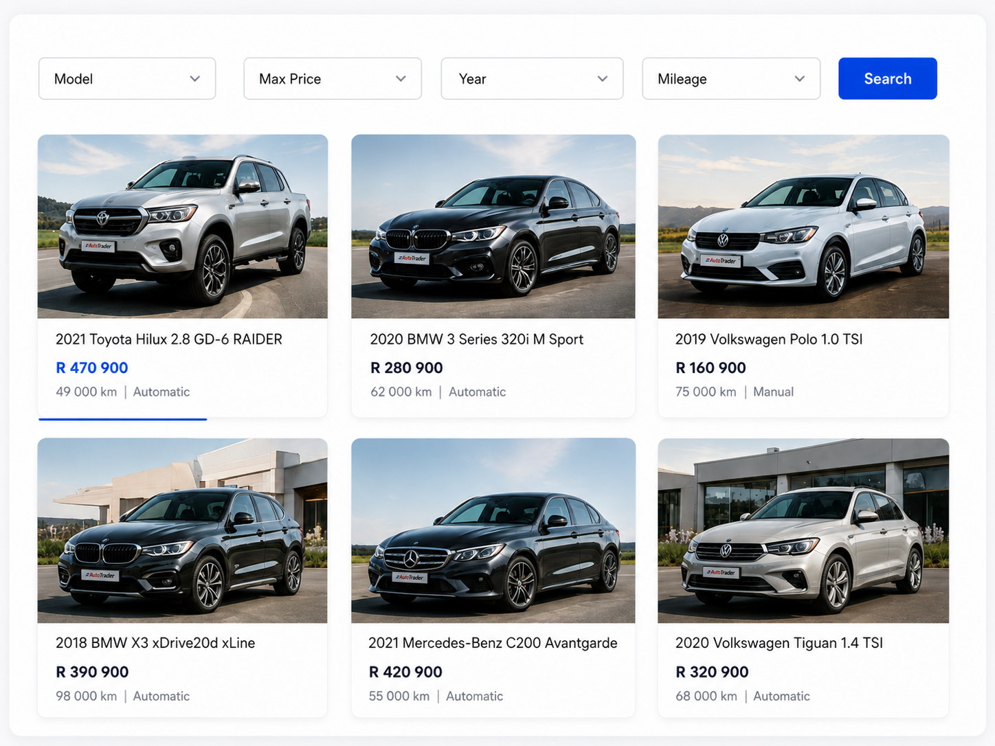 Car marketplace search interface showing multiple vehicles